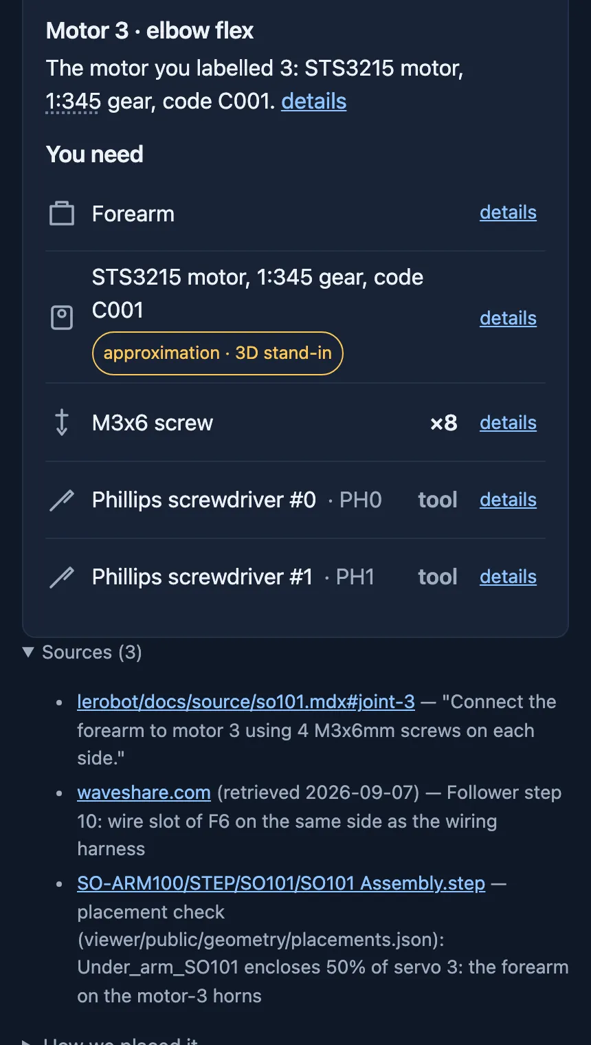 Step F-032 on kitsmith.dev: the motor for the joint with its gear ratio, then the parts, screws and tools the step uses.