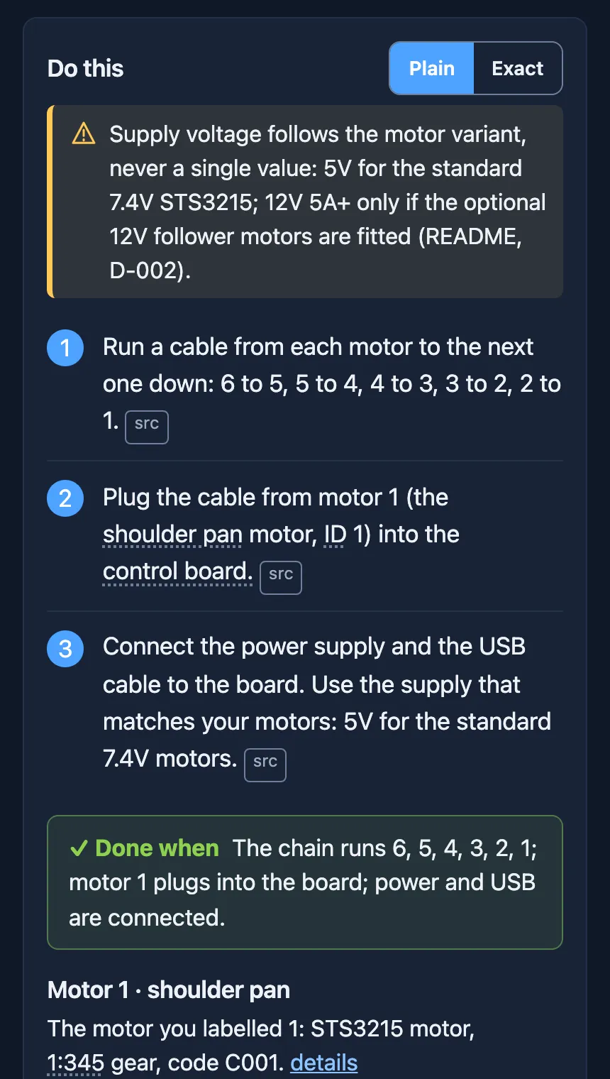 Step F-071 on kitsmith.dev: a supply-voltage warning, three numbered instructions in plain words each with a src link, and a Done when check.